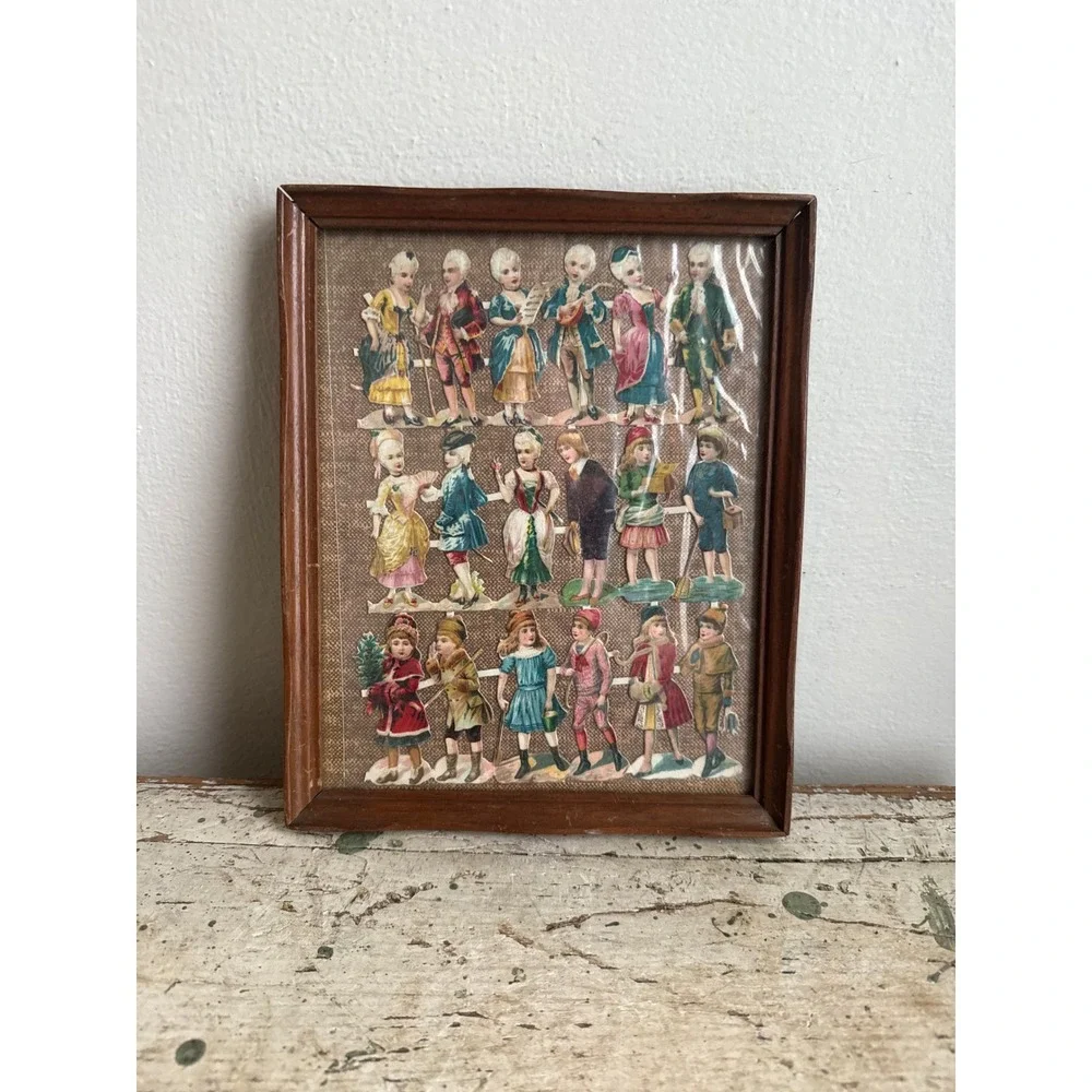 Vintage Framed Paper Doll Collage Historical Figures Wooden Frame 9x11 Art